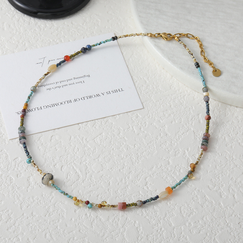 สร้อยคอ Niche Original Hand Blue Green Rice ธรรมชาติหินประณีตลูกปัด Clavicle Chain ชาติพันธุ์ลูกปัด 