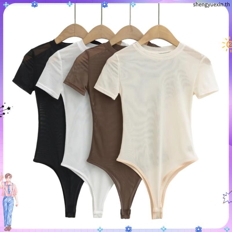 บอดี้สูทสาวอวบ บอดี้สูทผู้หญิงมีฟองน้ำ Jumpsuit สไตล์ใหม่สำหรับฤดูร้อน แขนสั้น รอบคอดูดี วัสดุผ้าก๊o