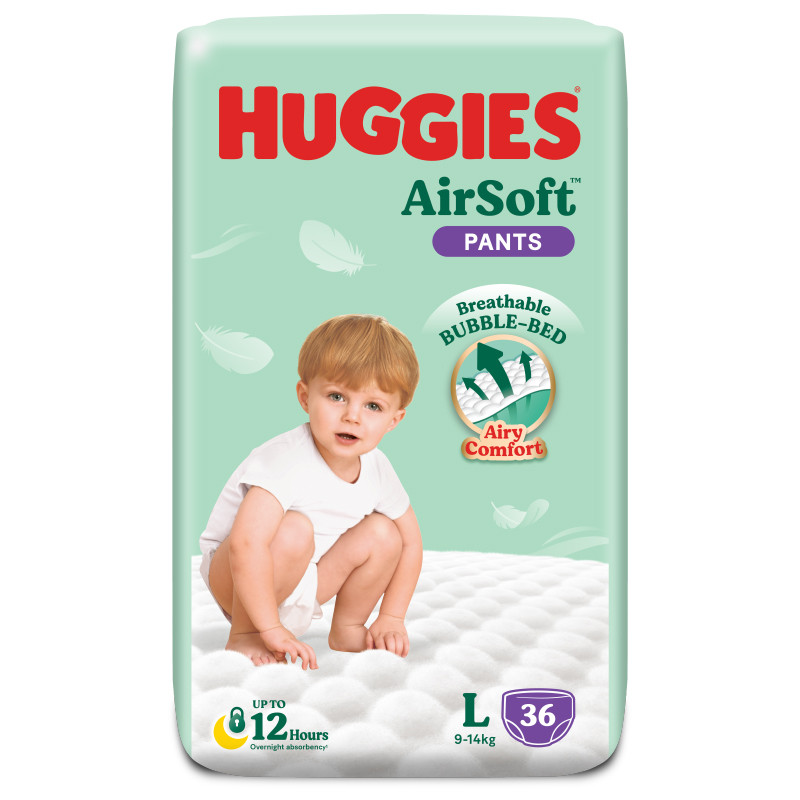 ฮักกี้ส์กางเกงผ้าอ้อมแอร์ซอฟท์ L 36ชิ้น Huggies Baby Diapers Air Soft Size L 36pcs. [หมายเลขบาร์โค้ด