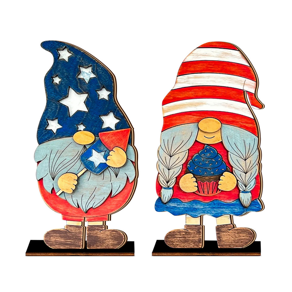 [domewell] สีแดงสีขาวสีฟ้า Gnome Gnome ตารางเครื่องประดับ 2 ชิ้น 4th of กรกฎาคมตกแต่งรักชาติไม้สีขาว