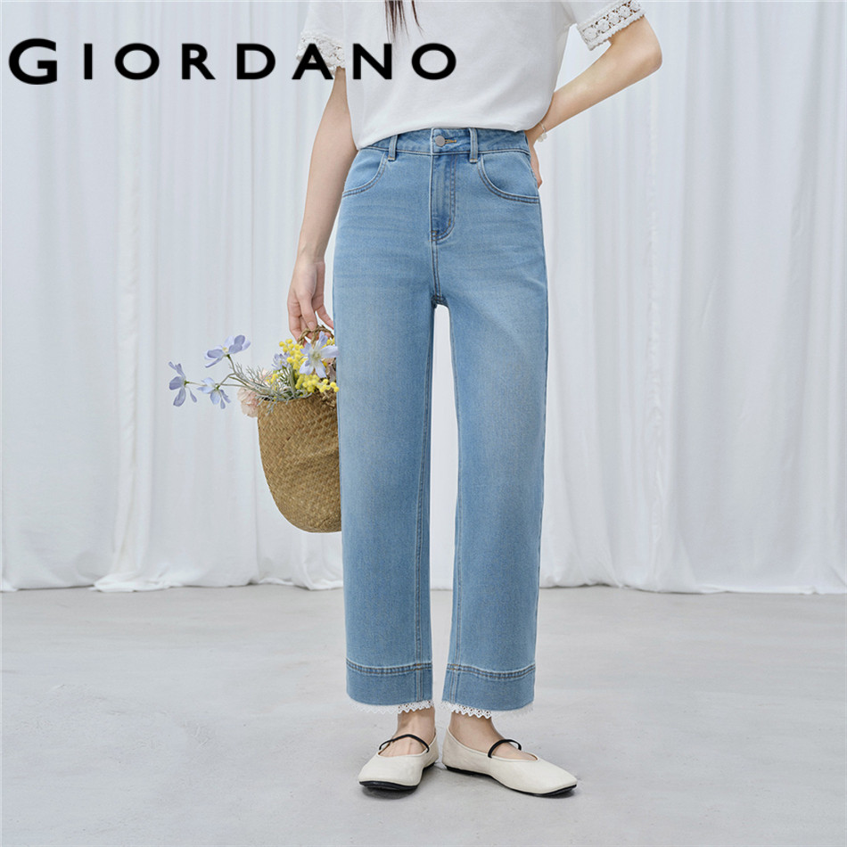 GIORDANO WOMEN Lace trim ankle length high waist jeans 18416708