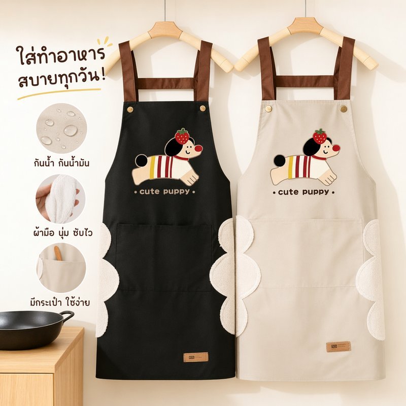 ผ้ากันเปื้อนกันน้ำ ผ้ากันเปื้อนกันมัน ผ้ากันเปื้อนลายการ์ตูน ผ้าเช็ดมือในตัว กระเป๋าใหญ่