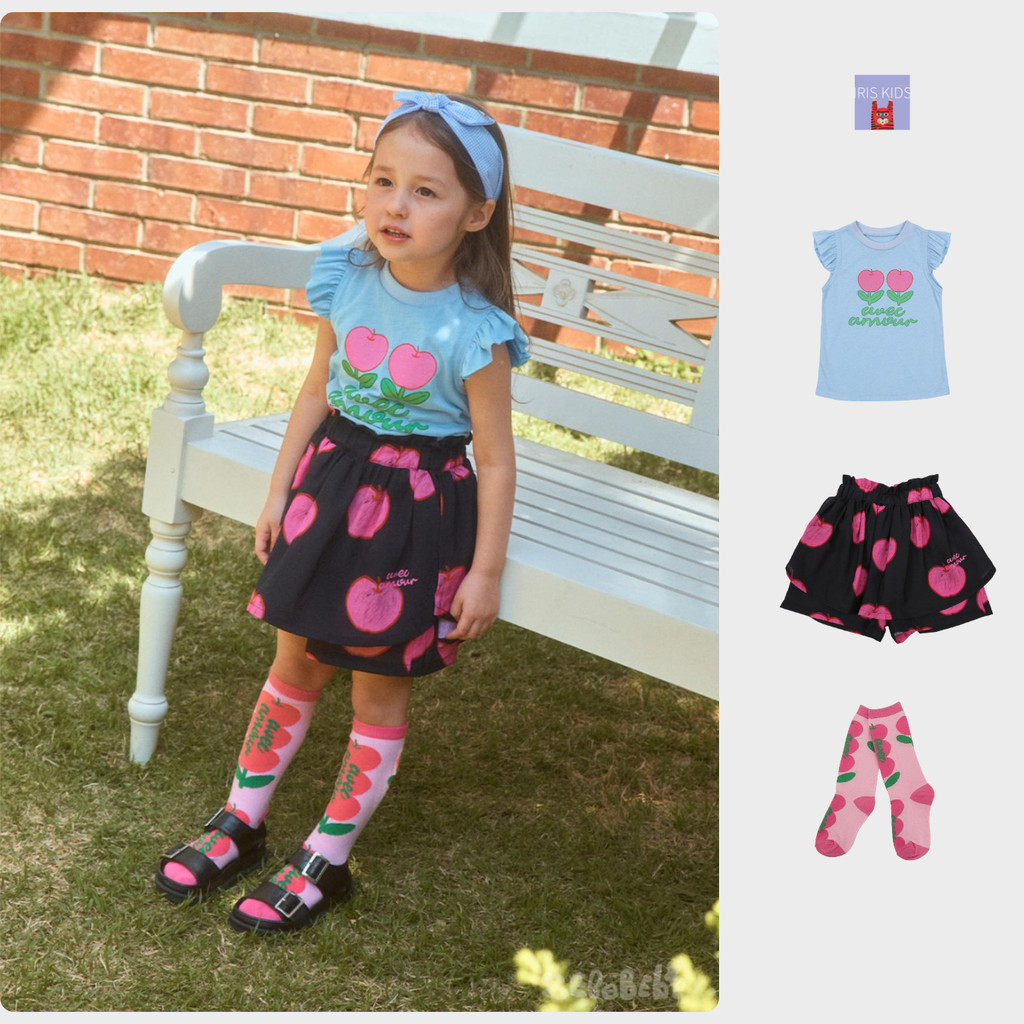 「สินค้าลิขสิทธิ์แท้」IRIS KIDS BEBEBE 26ss IKS260417 avec amour เสื้อผ้าเด็ก เสื้อแขนระบาย กระโปรง ลายผลไม้ ถุงเท้ายาว
