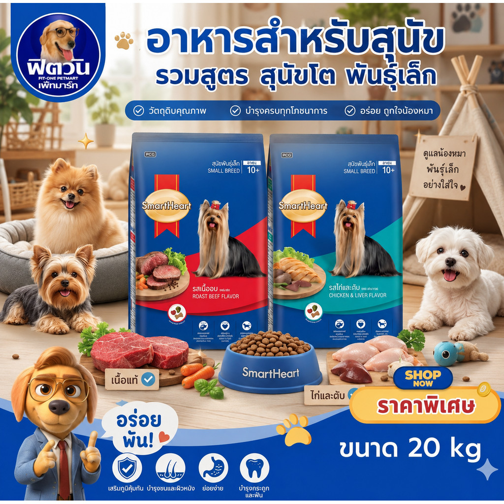 SmartHeart Blue อาหารสุนัขโต พันธุ์เล็ก 20 กิโลกรัม{อาหารสุนัขเม็ด}