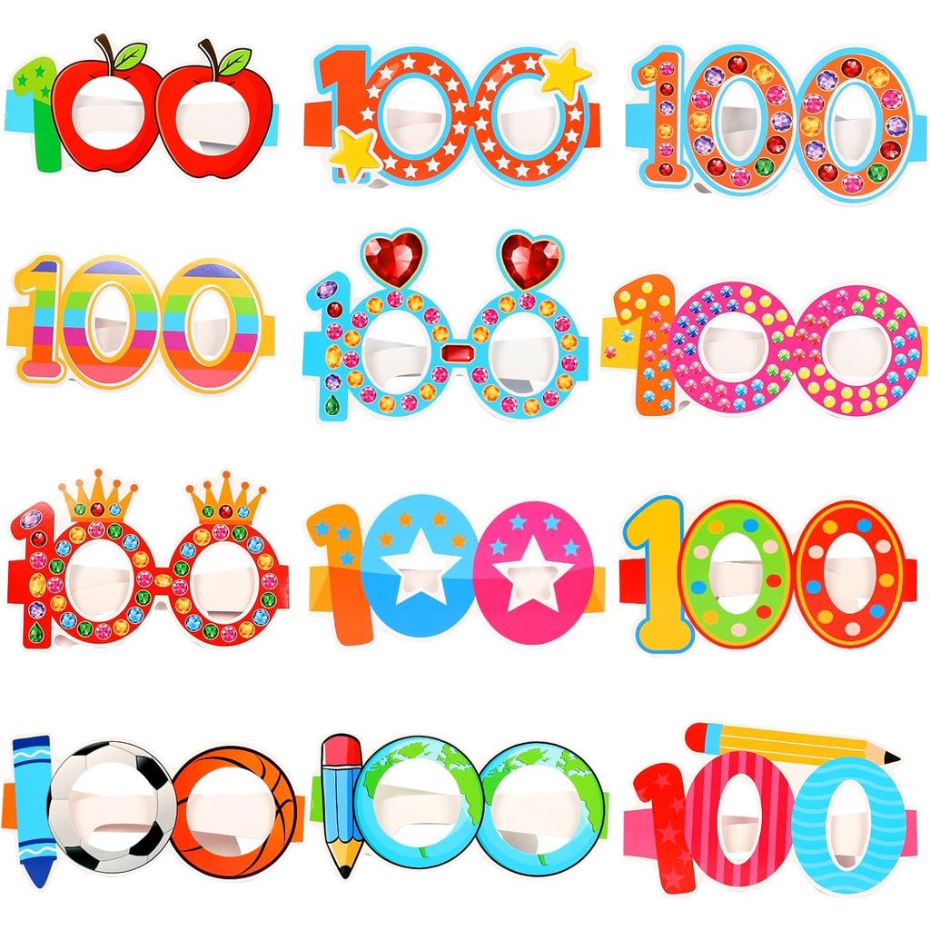 YVAINE 24 ชิ้น 100 วันแว่นตาปาร์ตี้โรงเรียน,ตลก Happy 100th Day of School กระดาษแว่นตาแปลกใหม่ Photo