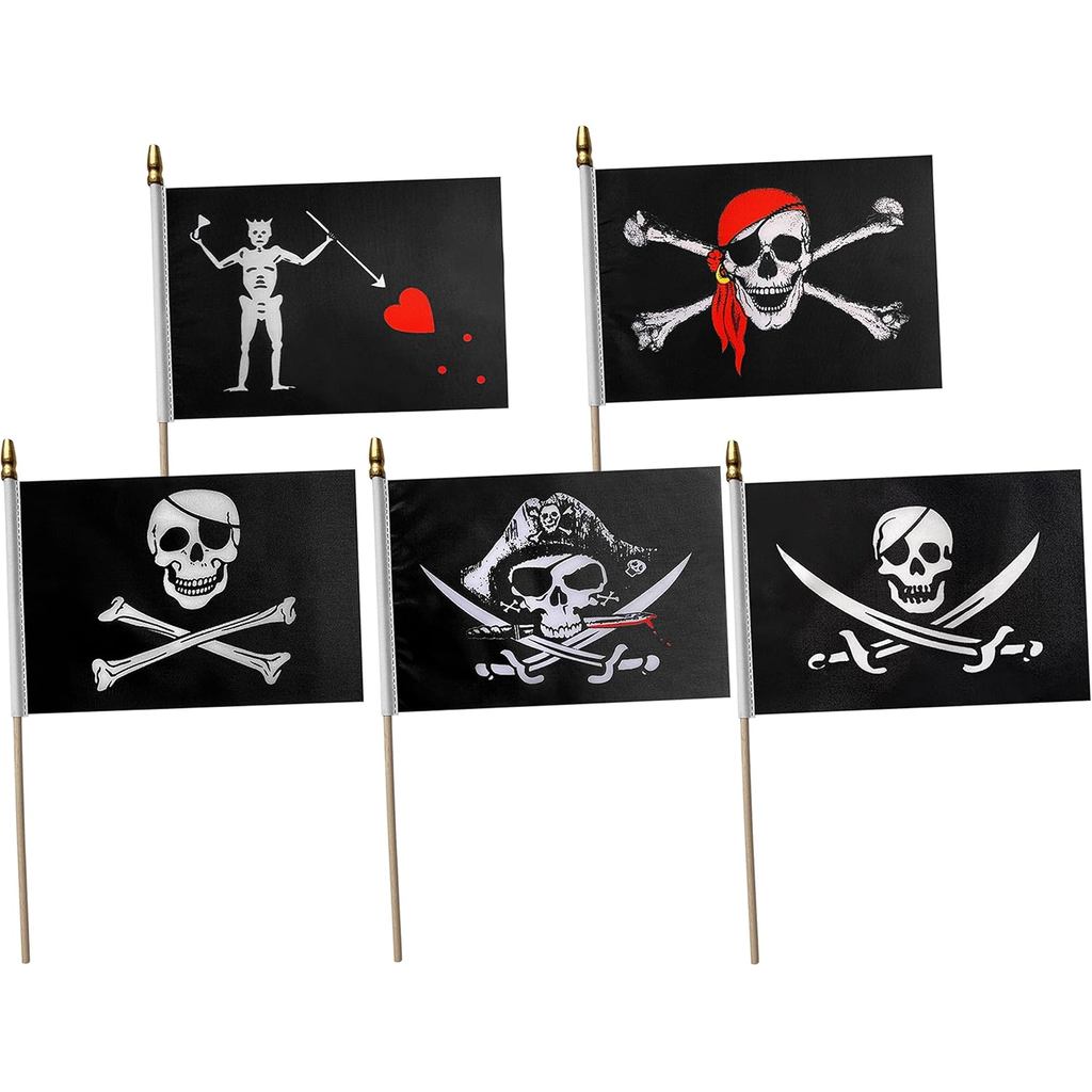 Pirate Skull Stick Flag Set Small Mini Jolly Roger Jack Rackham Edword Dead Mans Chest Hand Held Fla