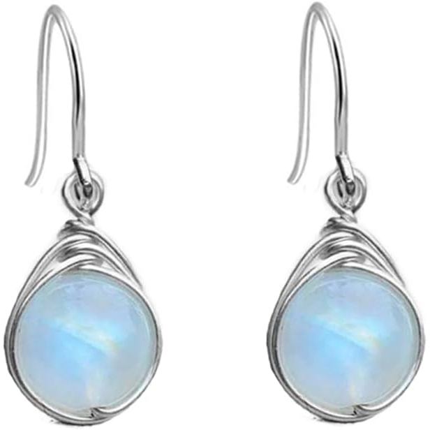 ต่างหูหินกลม Opalite Moon Stone ชุบเงิน ทรงหยดน้ำขนาดเล็ก เหมาะสำหรับของขวัญวันเกิด