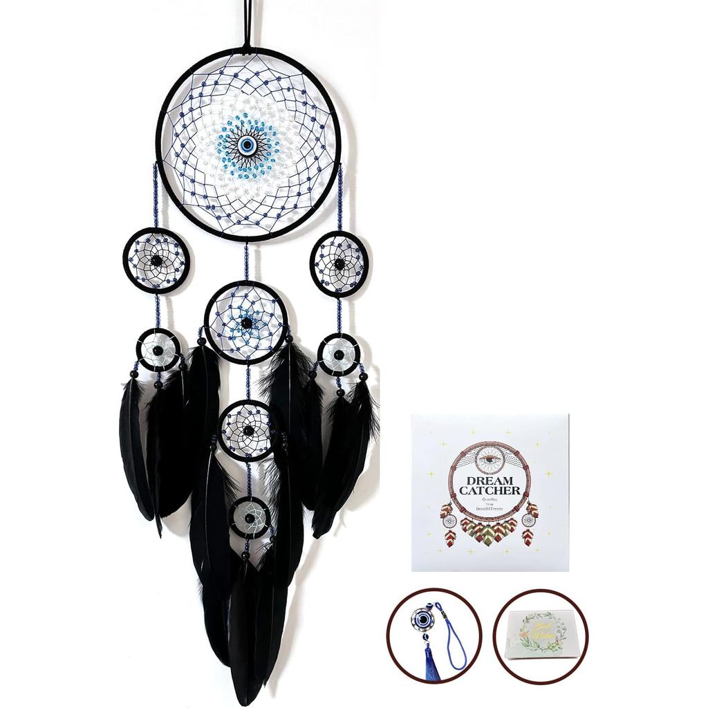 Handmade Evil Eye Dream Catcher สําหรับตกแต่งบ้าน, Jiyamon Black Dream Catchers สําหรับผู้ใหญ่ห้องนอ