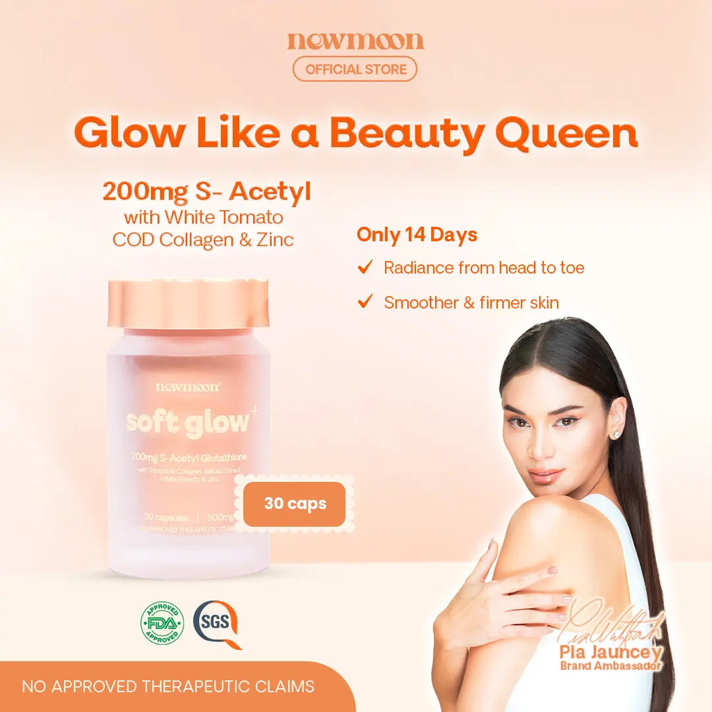 NEW MOON Soft Glow+ 200 mg S-Acetyl Glutathione 500mg 30 CAPSULES with White Tomato Powder, Tripepti