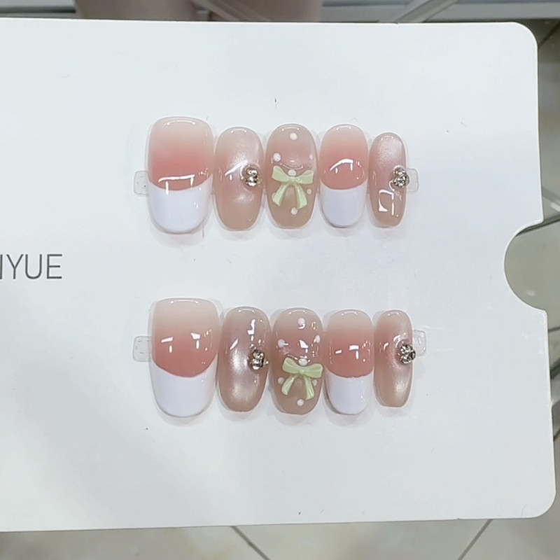 HANDMADE + กาวฟรีArtificial Nail รูปไข่สั้น French Bow Phototherapy แผ่นแปะเล็บปลอมกดบนเล็บนํากลับมาใช้ใหม่ได้