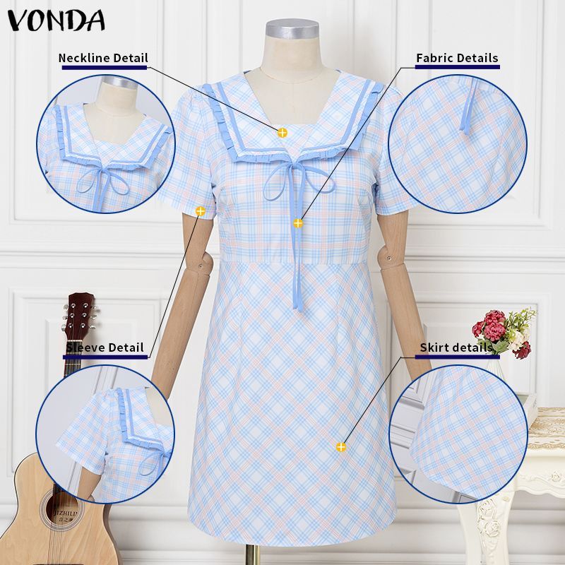 VONDA ผู้หญิงเกาหลีหวานสไตล์วิทยาลัยปกแขนสั้น Tie-Up Bows ลายสก๊อต A-Line ชุดเดรสสายเดี่ยว — صورة 7