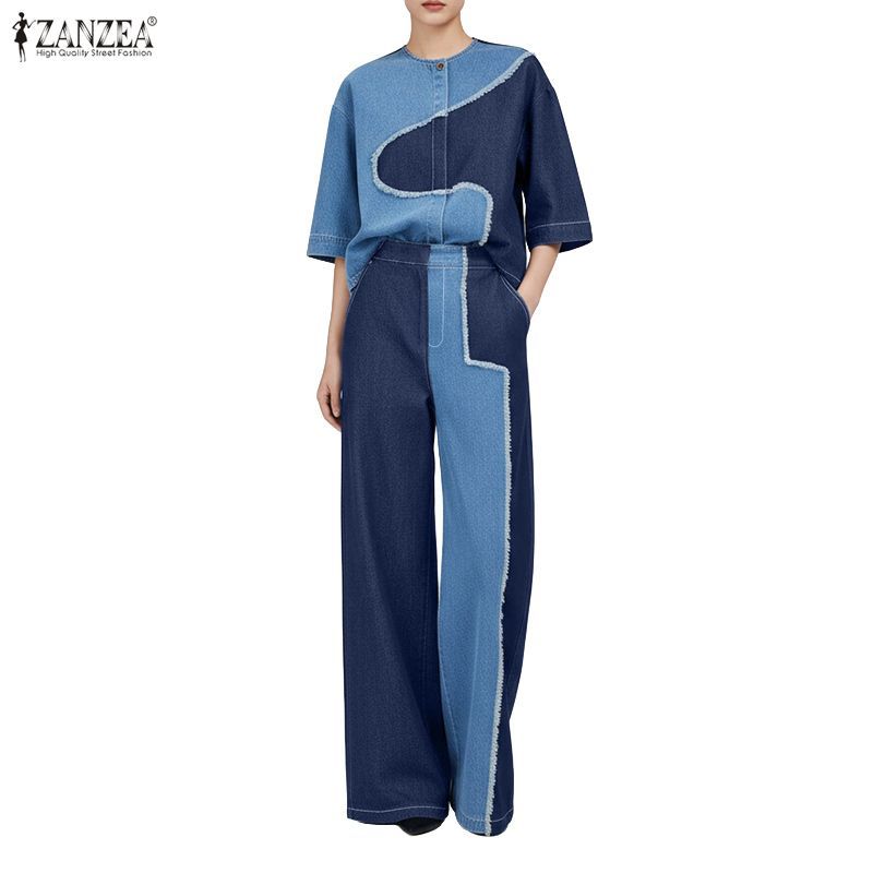ZANZEA ชุดเสื้อกางเกงแฟชั่นสตรีเกาหลี ลายดิเนมปลอม H-Shaped สำหรับใส่ลำลอง