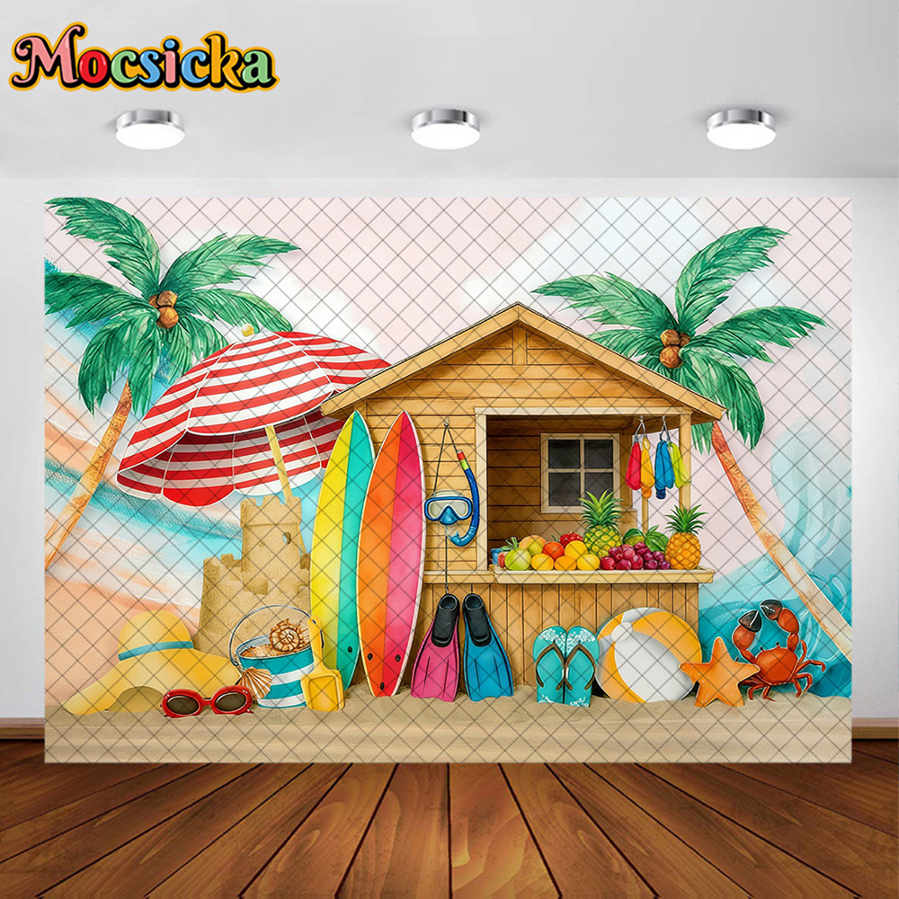 5x3ft 7x5ft Moscicka การถ่ายภาพฉากหลังฮาวาย Beach Surfboard Shop ตกแต่งเด็กเค้ก Smash Party พื้นหลัง