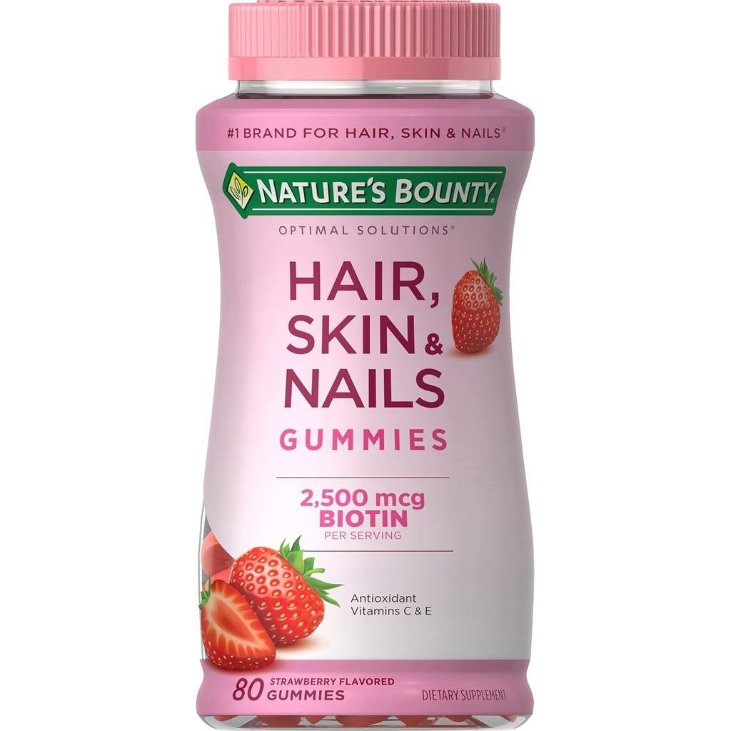 Natures Bounty Optimal Solutions Hair, Skin & Nails วิตามิน Gummies พร้อม Biotin, 2500 mcg, สตรอเบอร