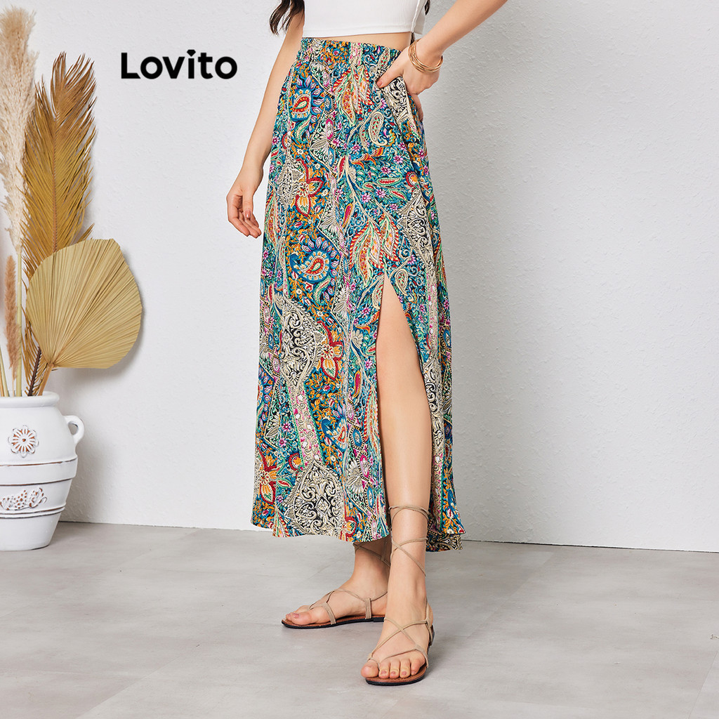 (โบโฮ) Lovito กระโปรงผู้หญิง จับจีบเดรป ทรอปิคอล สไตล์ LBL08213(หลากสี)