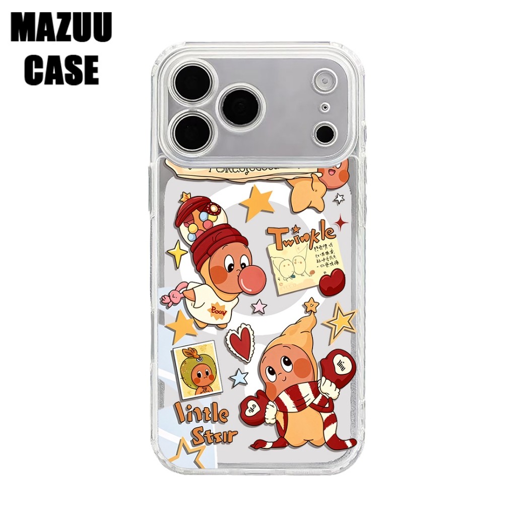 เคสไอโฟน TPU ใส แม่เหล็ก ปกป้องเลนส์กล้องเต็มรูปแบบ ลายตัวการ์ตูนสีส้มสไตล์สติกเกอร์คาวาอี้ สำหรับ iPhone 17 16 15 14 13