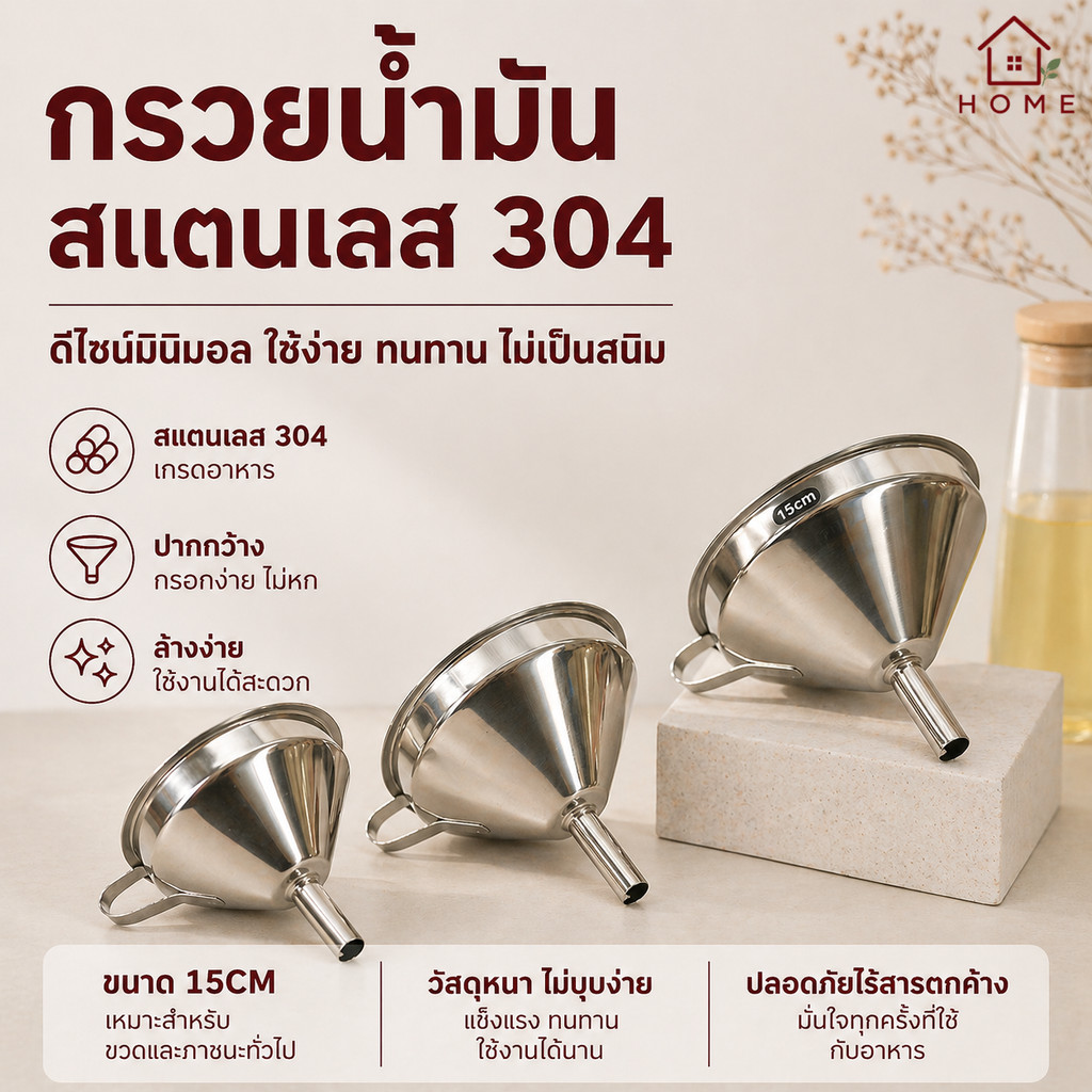Home007 กรวย กรวยสแตนเลส304 กรวยน้ำมัน ขนาด 15cm กรวยกรอกน้ำ คุณภาพดี หนาขึ้นกว่าเดิม กรอกของเหลว น้ำมัน Kitchen Funnel