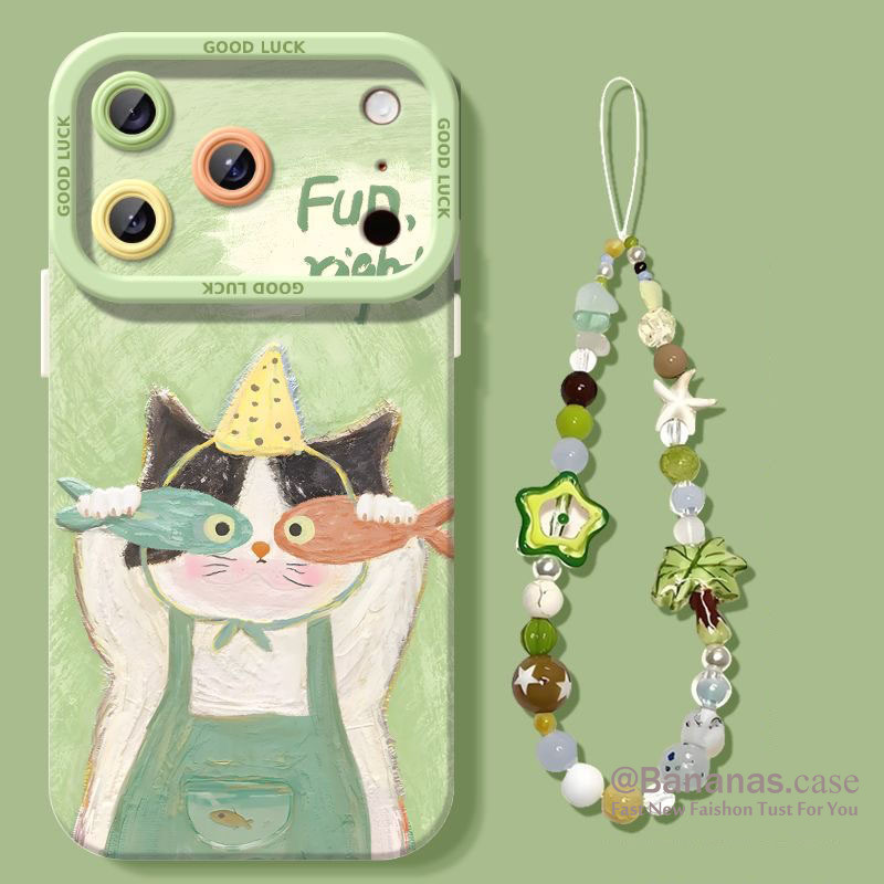 การ์ตูนภาพวาดสีน้ํามันปลา Cat + Lanyard สําหรับ iPhone 17 16 15 14 13 12 11 Pro Max X Xr Xs Max 7 8 Plus SE2020