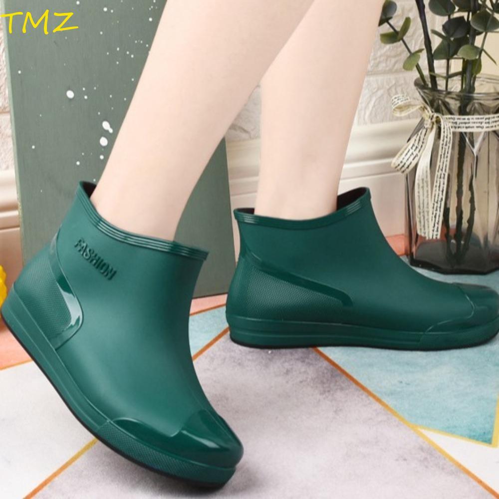 TMZ14968 รองเท้าน้ําหนา, ท่อสั้นสวมใส่รองเท้าฝนผู้หญิง, สบายกันน้ําสีทึบลื่นแพลตฟอร์มยาง สวมทับ กลางแจ้ง