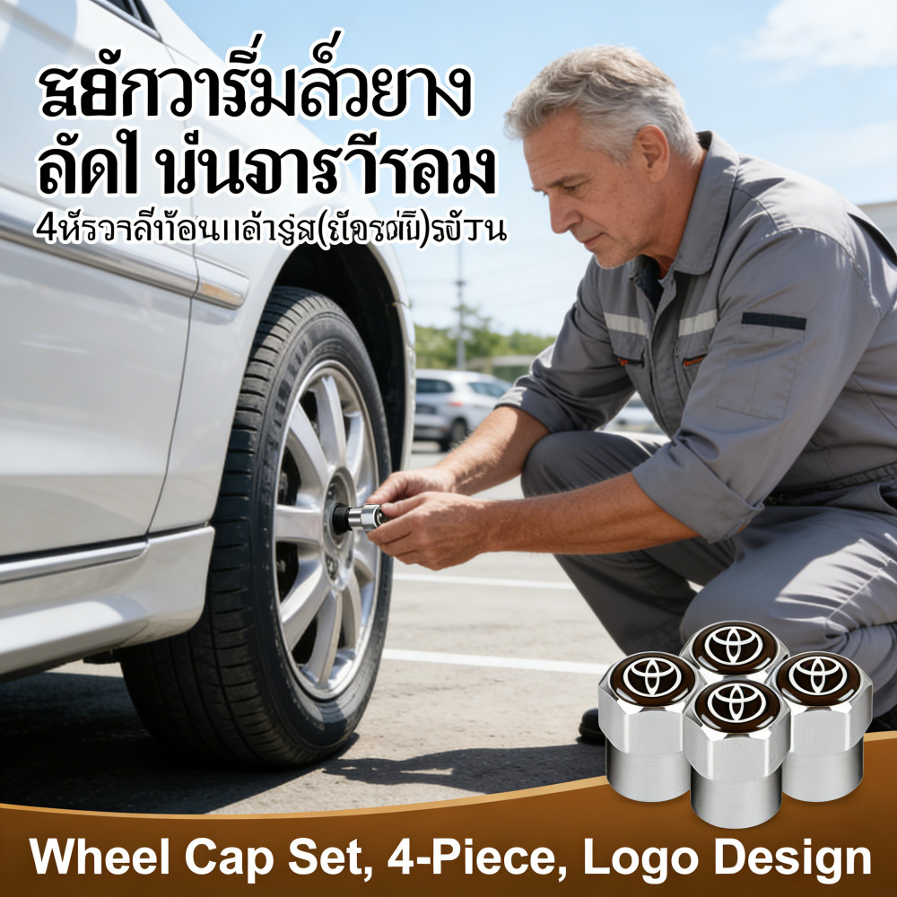 ปิดลมยางรถ จุกยางพร้อมโลโก้ ฝาปิดจุกลม พร้อมประแจ จุกลมยางรถยนต์ 1 ชุด