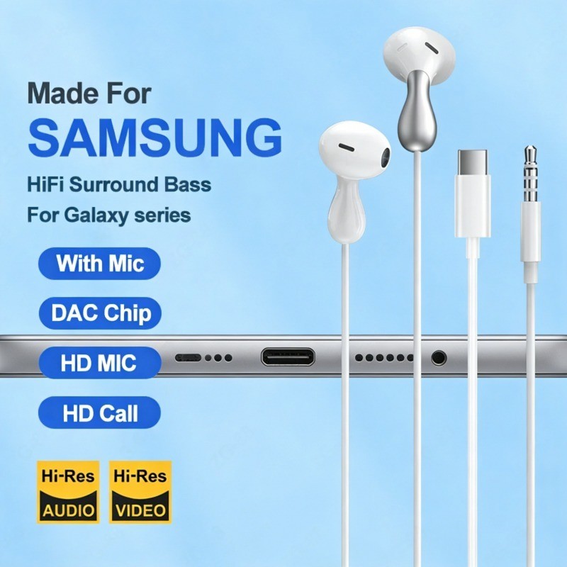 หูฟังระบบควบคุมระดับเสียง Hi-Fi สำหรับ Galaxy S25 S24 S23 S22 S21 Ultra Note 20 พร้อมไมโครโฟนแบบ C ขนาด 3.5 มม.