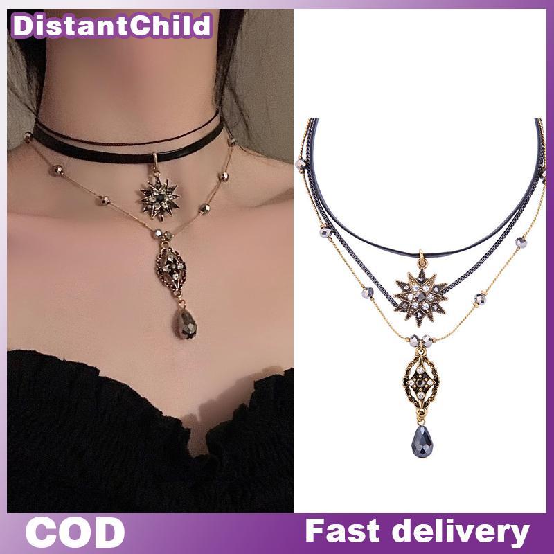 DSTH Vintage Layered Strap Multi Layered Nelace ผู้หญิงคอ Bohemian คริสตัลยาวจี้เครื่องประดับของขวัญ