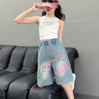 สาวๆ เดนิม กางเกงขาสั้น.แฟชั่นหลวมน่ารักเย็นผ้านุ่มพิมพ์การ์ตูนกราฟฟิตีขนาด120-170