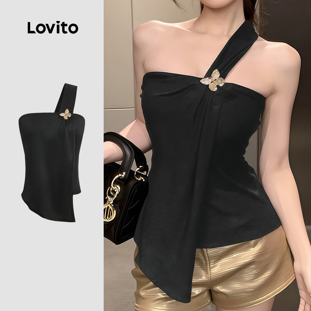 Lovito เสื้อสุดชิคสีดําสําหรับผู้หญิง ดีไซน์ไม่สมมาตร เหมาะสําหรับฤดูใบไม้ผลิและฤดูร้อน LK4LD2625