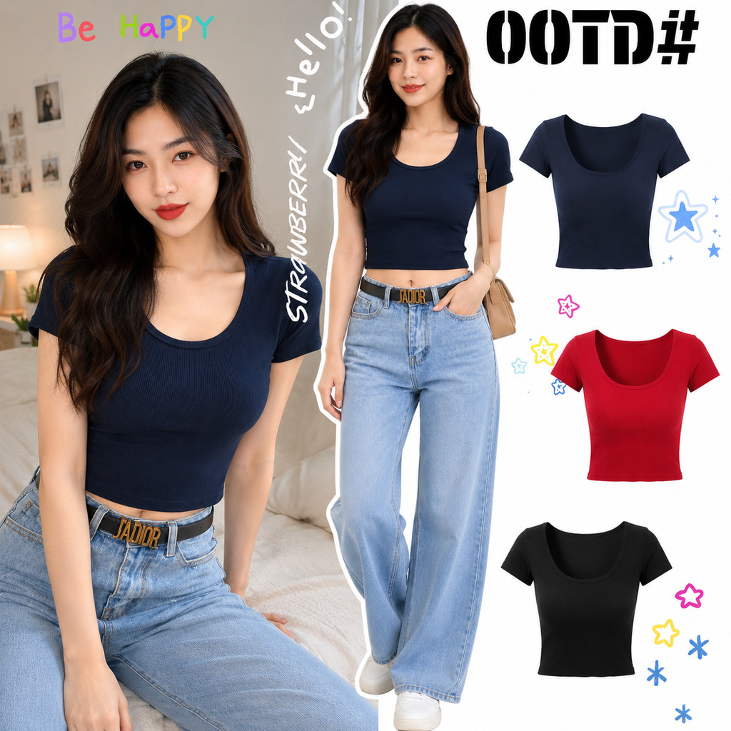 เสื้อครอปผู้หญิง คอกลม แขนสั้น สีพื้น ผ้าร่อง นุ่ม ยืด ทรงเข้ารูป สไตล์เกาหลีt4222#