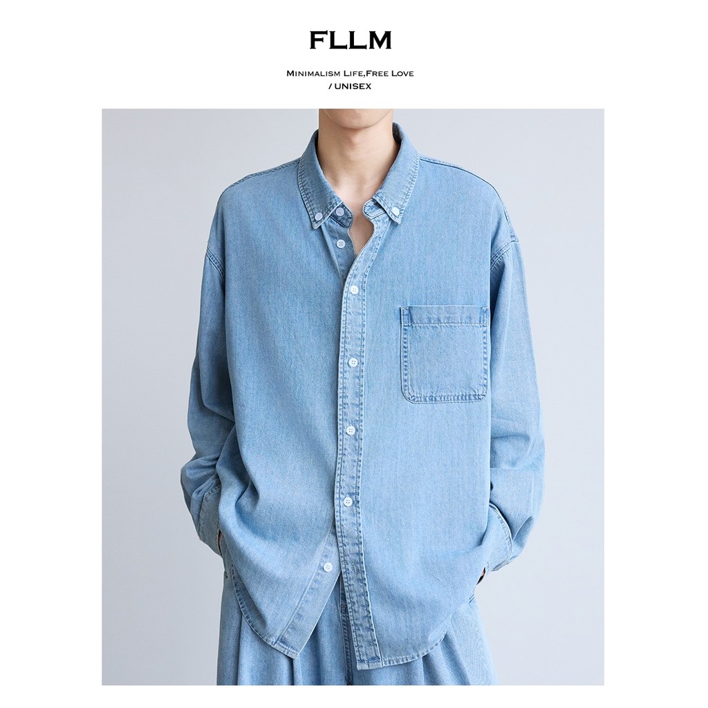 Fllm Washed Denim Casual Simple Profile Light Thin Long-Sleeved Shirt Unisex