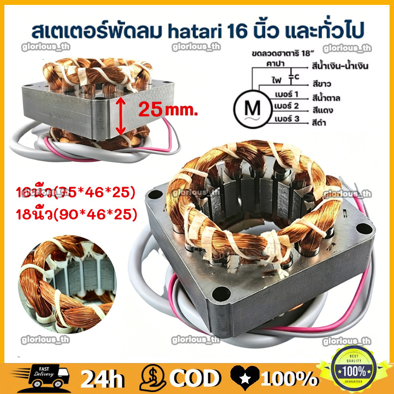 สเตเตอร์พัดลม ตั้งพื้น HATARI ฮาตาริ 16" นิ้ว รู 46mm หนา 25mm สายไฟยาว (เหลี่ยม) มีเทอร์โมฟิวส์ สายออกหน้า อะไหล่พัดลม
