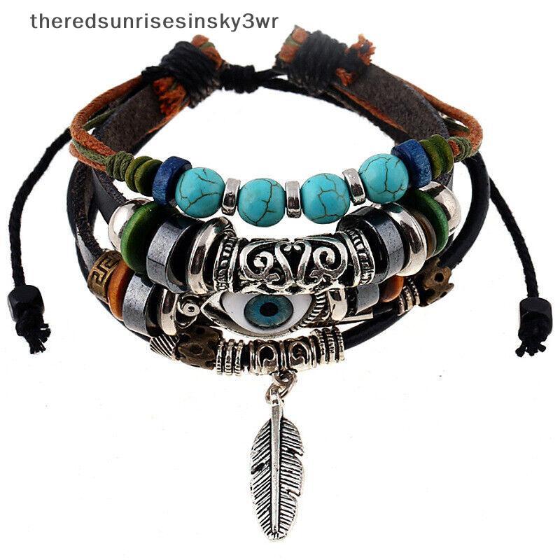 สร้อยข้อมือสไตล์ชาติพันธุ์ Multilayer Beaded สำหรับทั้งผู้หญิงและผู้ชาย พร้อมตกแต่งด้วย Blue Eye และขนนก อีกทั้งยังเป็นของขวัญที่สวยงาม