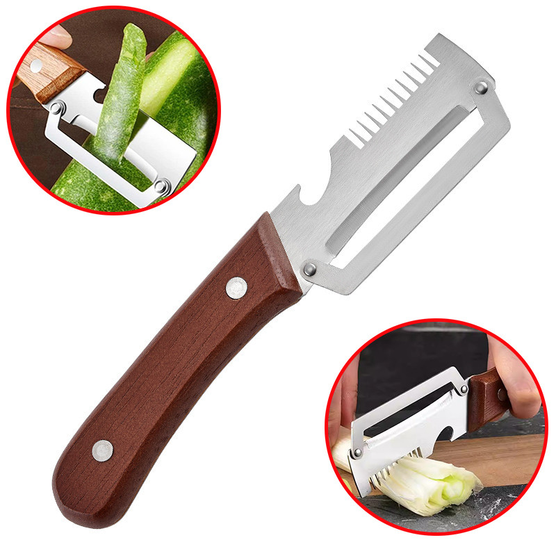 เครื่องปอกสแตนเลส 3-in-1 สําหรับหั่นและปอกเปลือกสําหรับห้องครัวพร้อมที่จับไม้และที่เปิดขวด