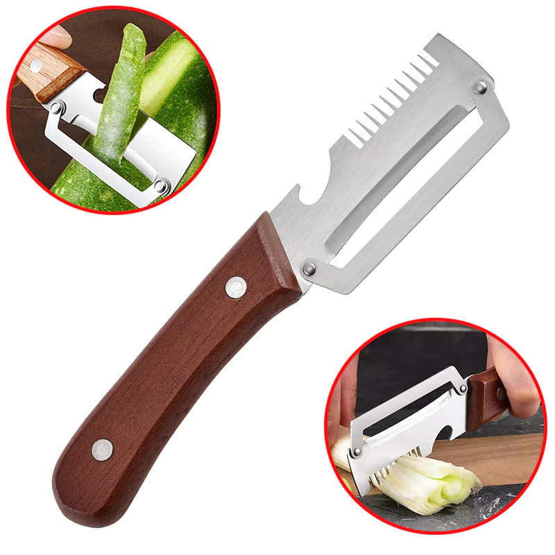 เครื่องปอกสแตนเลส 3-in-1 สําหรับหั่นและปอกเปลือกสําหรับห้องครัวพร้อมที่จับไม้และที่เปิดขวด