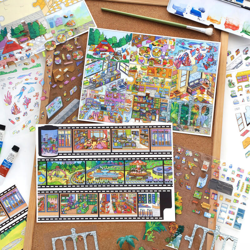 KONNWEI 4 ชิ้น [Puzzle Life Series] 3D สติ๊กเกอร์แนวนอนกันน้ําขนาดใหญ่ City Walk Park Play สําหรับสมุดภาพวารสาร