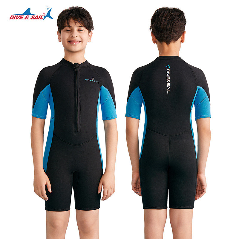 DIVE & SAIL2.5MM เด็กชิ้นเดียวชุดดําน้ําความร้อนด้านหน้าเปิดแขนสั้นชุดดําน้ําเยาวชนดําน้ําดูปะการังท
