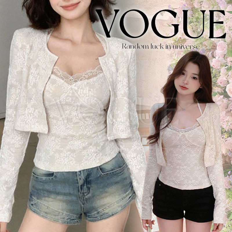 Vogue🌟พร้อมส่ง🌟 เสื้อคล้องคอ+แจ็คเก็ตแขนยาว ผ้าลูกไม้ตัดเย็บอย่างดี สไตล์สาวหวานลูกคุณหนู (FY1981)