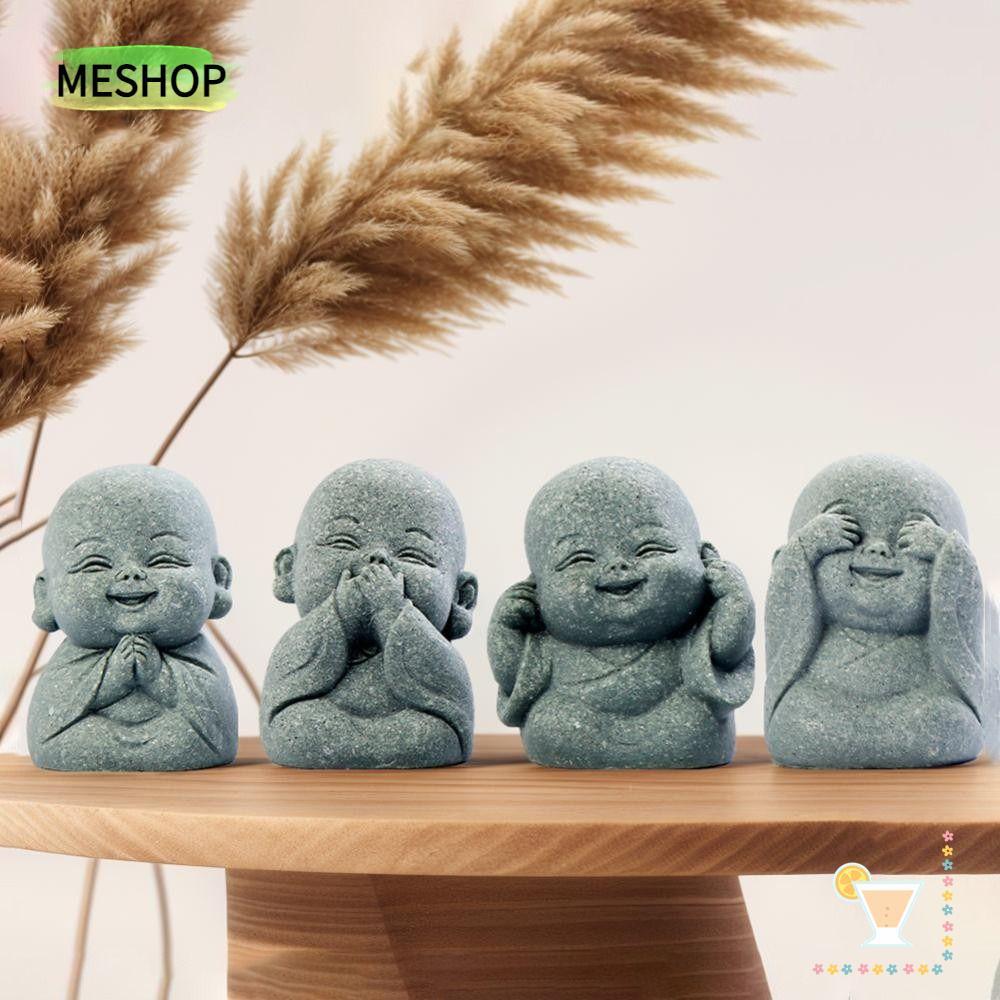 MESHOPTH พระพุทธรูป 4 ชิ้น, เครื่องประดับเดสก์ท็อปน่ารักตุ๊กตาพระภิกษุสงฆ์น้อย, สไตล์จีน Zen เครื่องประดับพระภิกษุสงฆ์น้อย