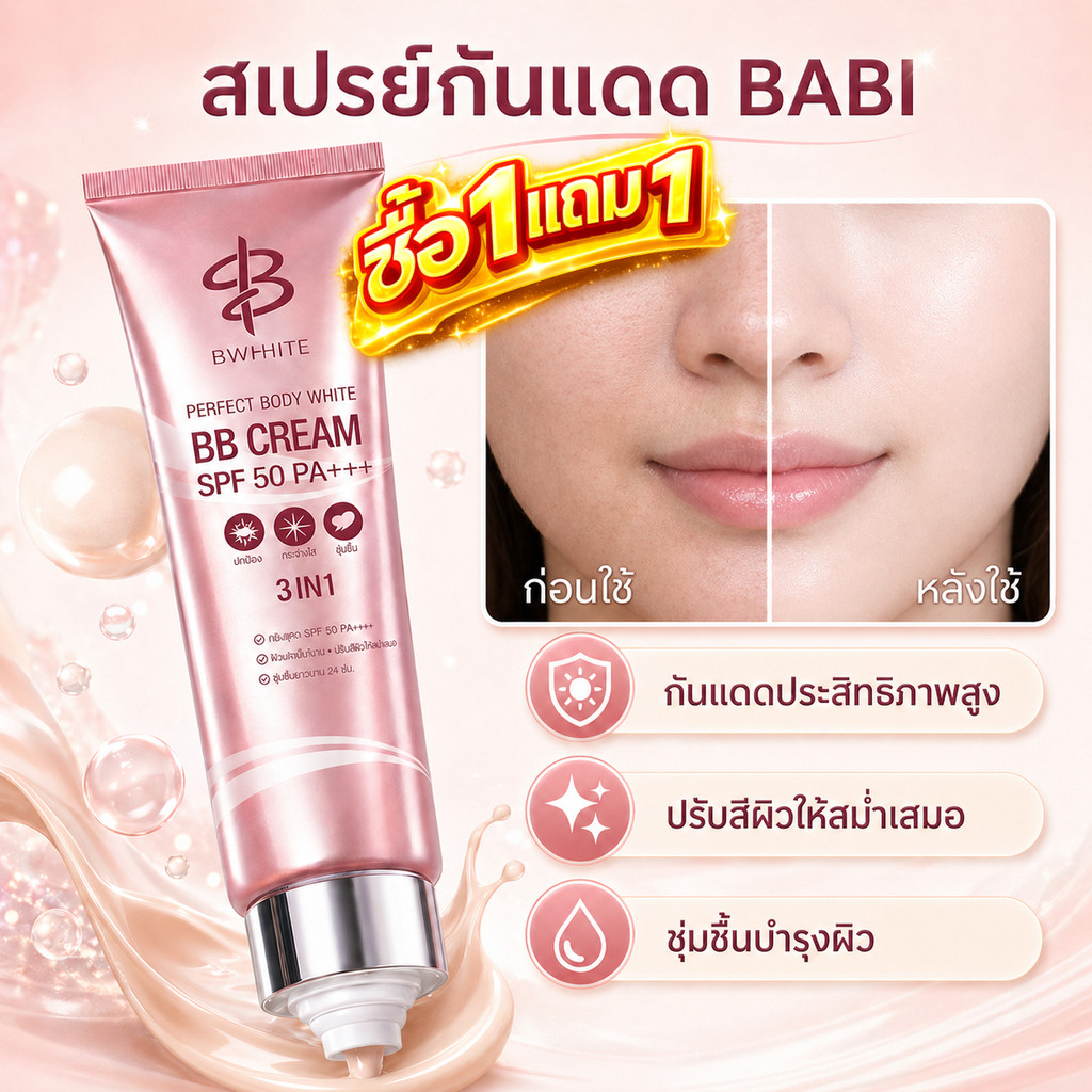 🔥ซื้อ 1 แถม 1🔥 บีบีครีมกันแดด SPF50 PA+++ ช่วยปรับสีผิวให้สว่างกระจ่างใส เรียบเนียน และเปล่งประกาย