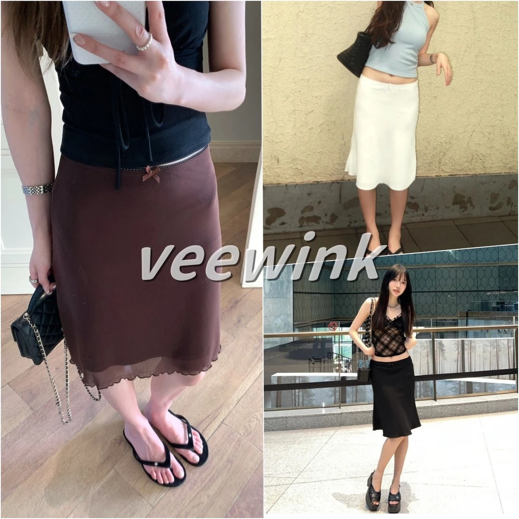 Veewink กระโปรงสไตล์ ลายสก็อต ผ้าสองชั้น กระโปรงสั้นเข้ารูปเนื้อตาข่ายลูกไม้ ใส่แล้วเรียว บั้นท้ายเด่น