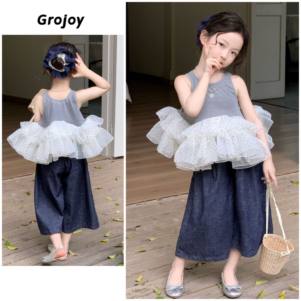 ชุดสูทฤดูร้อนสไตล์หวาน เสื้อกั๊กลายจุดและกางเกงขากว้างดีนิม Grojoy GC0119