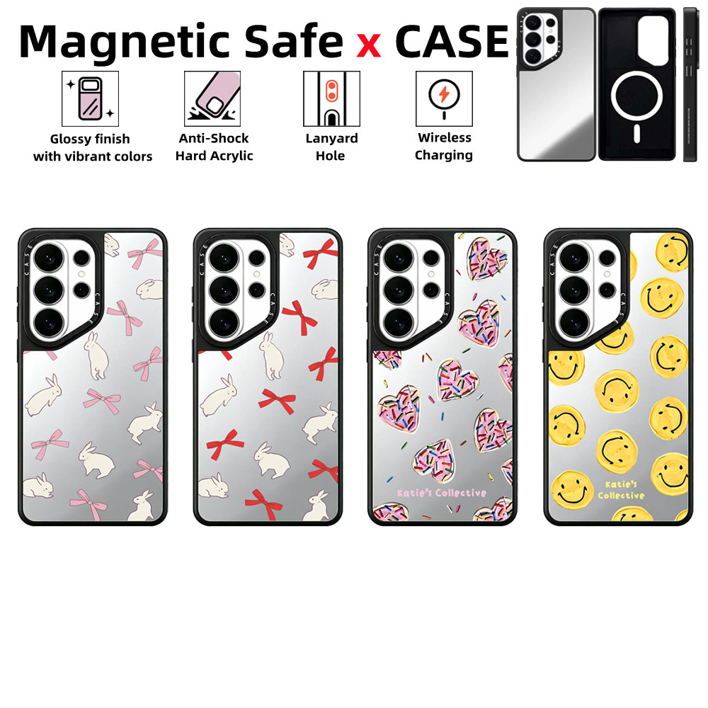 Samsung Galaxy S26 S25 S24 S23 S22 Ultra Plus เคสโทรศัพท์Ribbon กระต่ายCASE กระจกแม่เหล็กปลอดภัยปลอกกันกระแทกความต้านทานฝาครอบป้องกัน