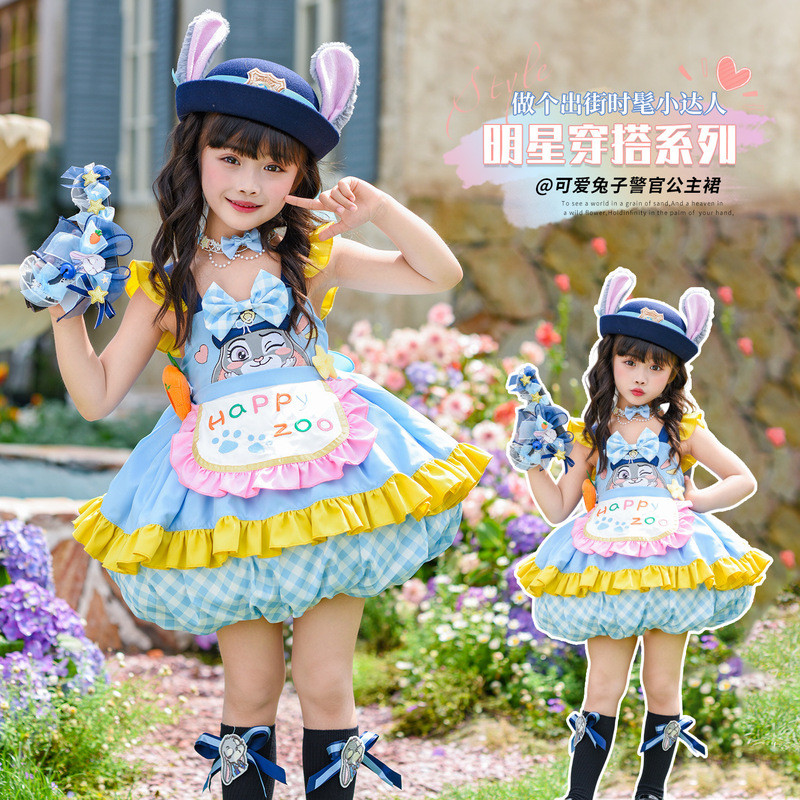 ชุดคอสเพลย์เจ้าหญิง Disney Zootopia Judy Hopps ชุดกระโปรงฟองสีฟ้าสำหรับเด็กหญิงอายุ 3-8 ปี เหมาะสำหรับงานวันเกิดและปาร์ตี้