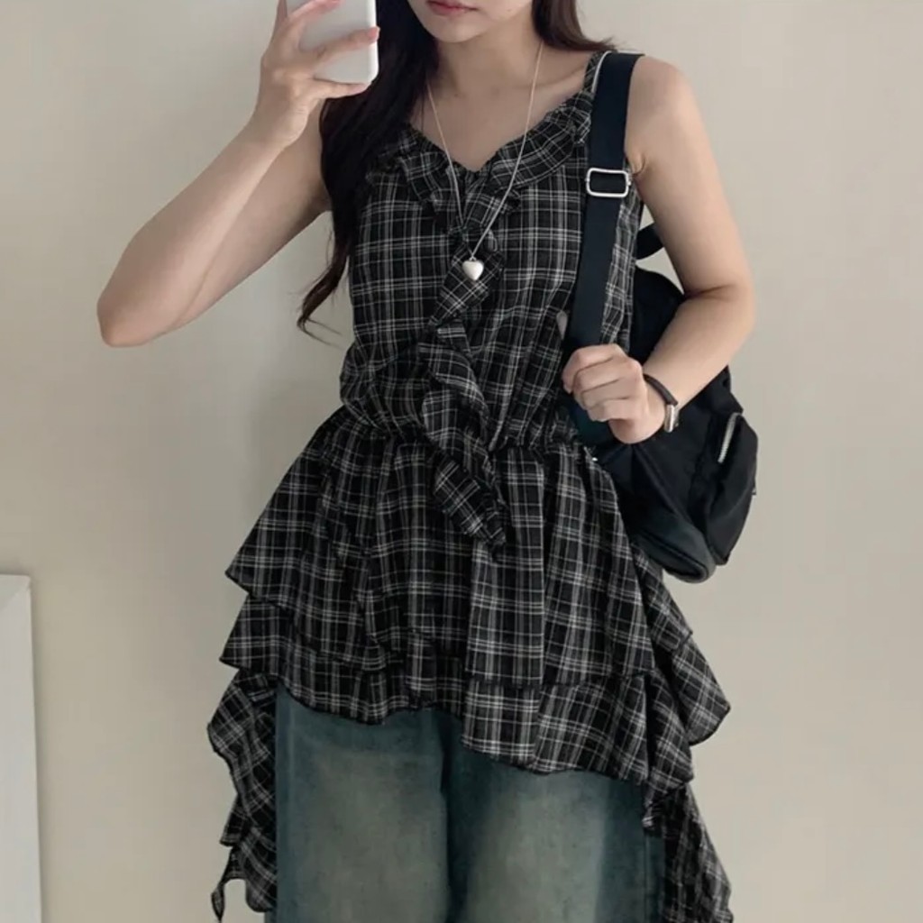 เสื้อลำลองสไตล์เกาหลีใต้ทงแดมุน .ribbon น่าสนใจ ลายสก๊อตไม่เหมือนใคร สำหรับผู้หญิงสองสี