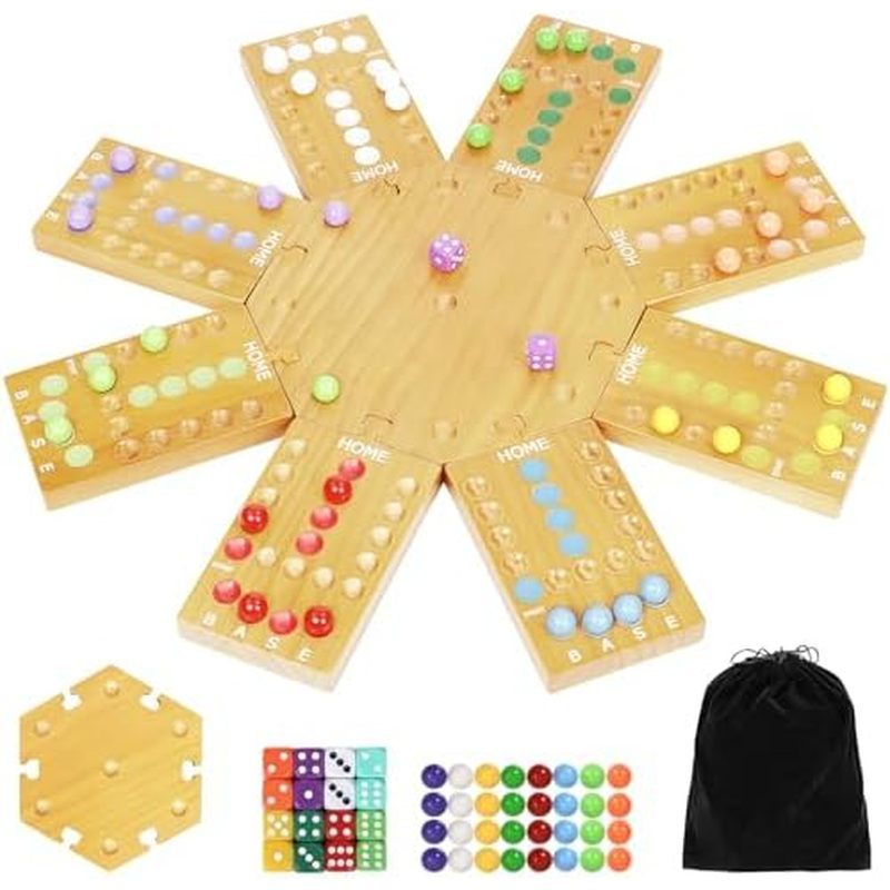 Marble Board Game,Wooden Board Game for 6-8 Players,Portable Design Marble Game with 32 Marbles 16 D