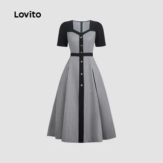 Lovito เดรสสีดําแบบคัลเลอร์บล็อกพร้อมกระดุมด้านหน้า สไตล์ฤดูใบไม้ผลิ/ฤดูร้อนสําหรับผู้หญิง LBL35174