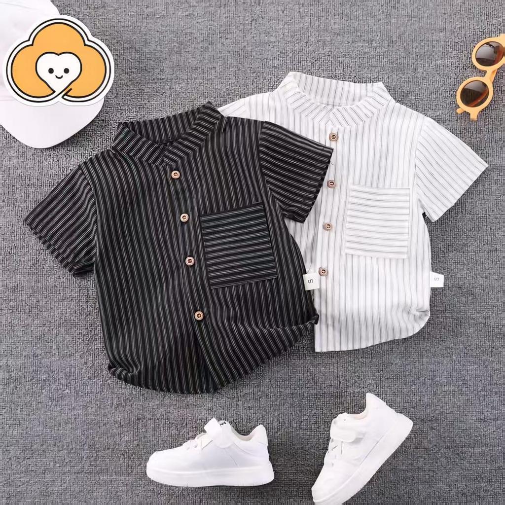 [Cotton Life]เสื้อเชิ้ตแขนสั้นเด็กผู้ชาย คอกลม ลายทาง ผ้าสบาย ใส่ไปโรงเรียน ฤดูร้อน