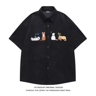 เสื้อเชิ้ตผู้ชายแขนสั้น อเมริกันย้อนยุค สไตล์วิทยาลัย