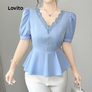 Lovito เสื้อเบลาส์ผู้หญิงสีฟ้า คอปกระบาย กระดุมด้านหน้า จีบจีบ สไตล์ฤดูใบไม้ผลิ/ฤดูร้อน L189ED053