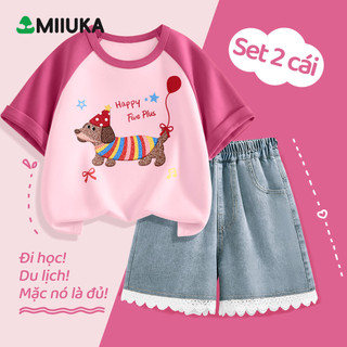 MIIUKA bộ đồ bé gái áo thun phối màu quần short jean ren phong cách ngọt ngào mặc đi chơi (CLD+LND)